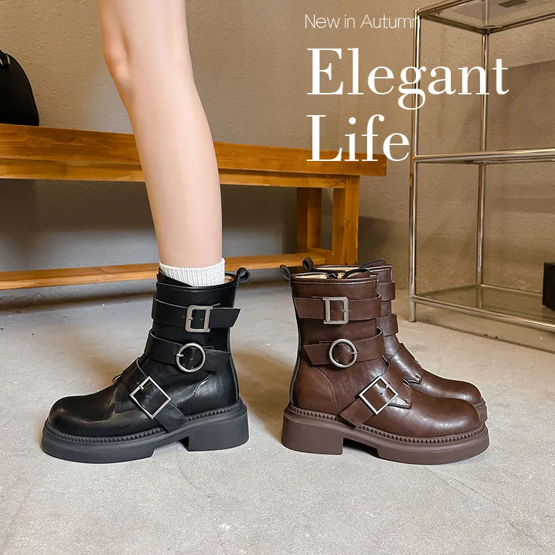 Fashionkova fall boots Martin Boots Women's Genuine Leather 2024 Autumn and Winter New Belt Buckle Thick Bottom Motorcycle Knight Boots Retro British Style Short Boots