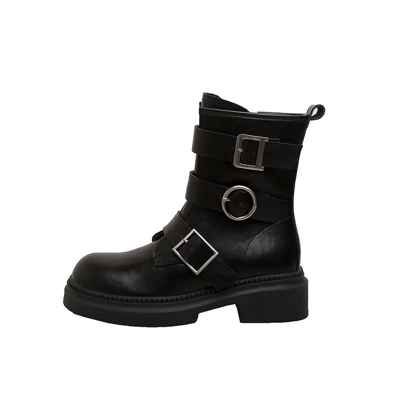Fashionkova fall boots Martin Boots Women's Genuine Leather 2024 Autumn and Winter New Belt Buckle Thick Bottom Motorcycle Knight Boots Retro British Style Short Boots