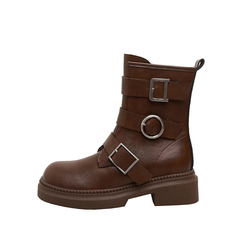 Fashionkova fall boots Martin Boots Women's Genuine Leather 2024 Autumn and Winter New Belt Buckle Thick Bottom Motorcycle Knight Boots Retro British Style Short Boots