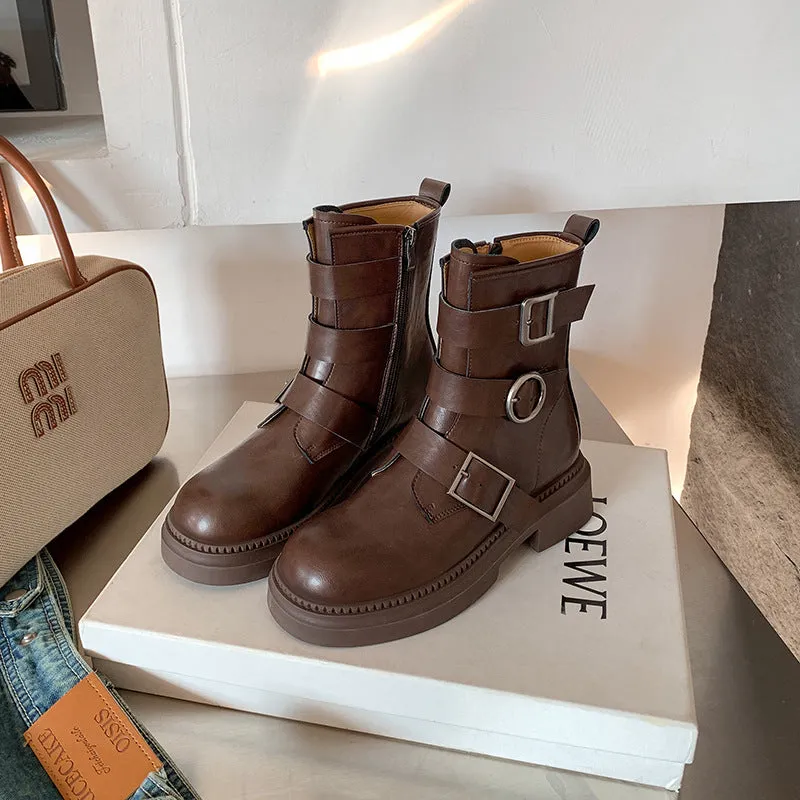 Fashionkova fall boots Martin Boots Women's Genuine Leather 2024 Autumn and Winter New Belt Buckle Thick Bottom Motorcycle Knight Boots Retro British Style Short Boots