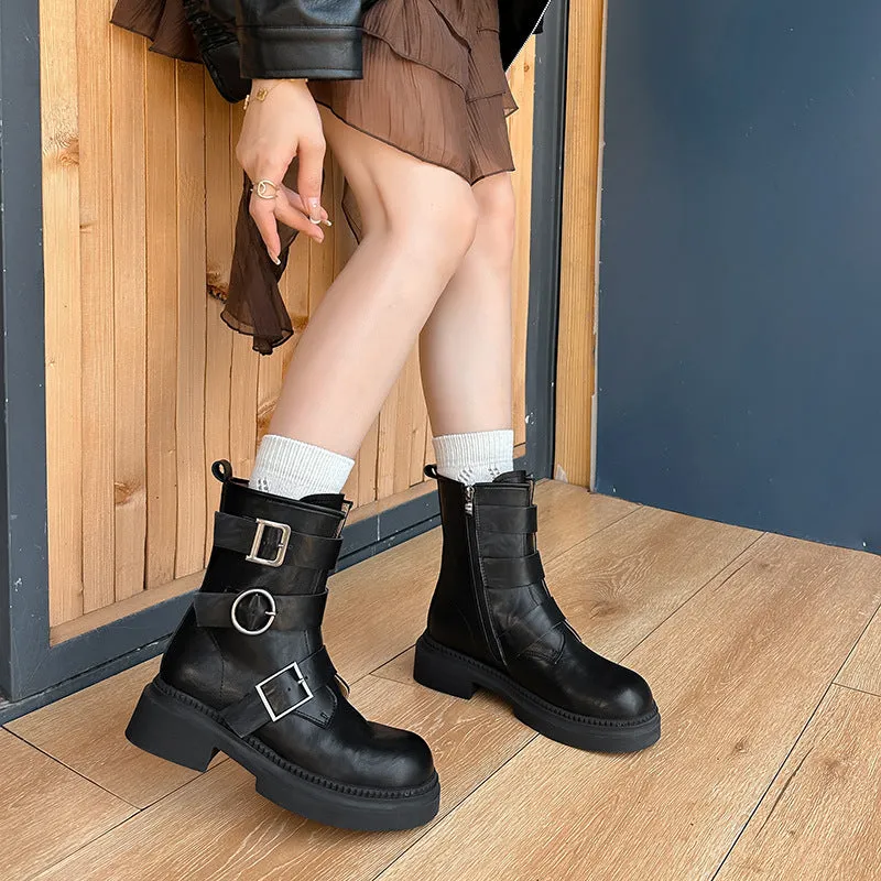 Fashionkova fall boots Martin Boots Women's Genuine Leather 2024 Autumn and Winter New Belt Buckle Thick Bottom Motorcycle Knight Boots Retro British Style Short Boots