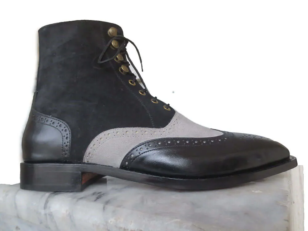 Handmade Men's Leather Suede Ankle Boots, Men's Black & Gray Lace Up Boots