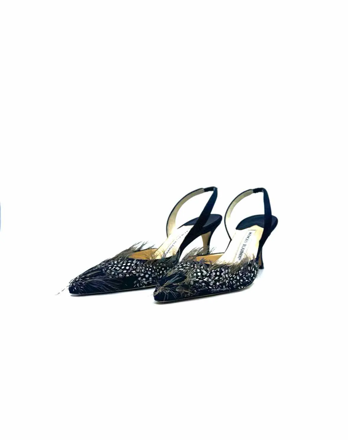 MANOLO BLAHNIK Size 6.5 Black & Grey Satin Sling back