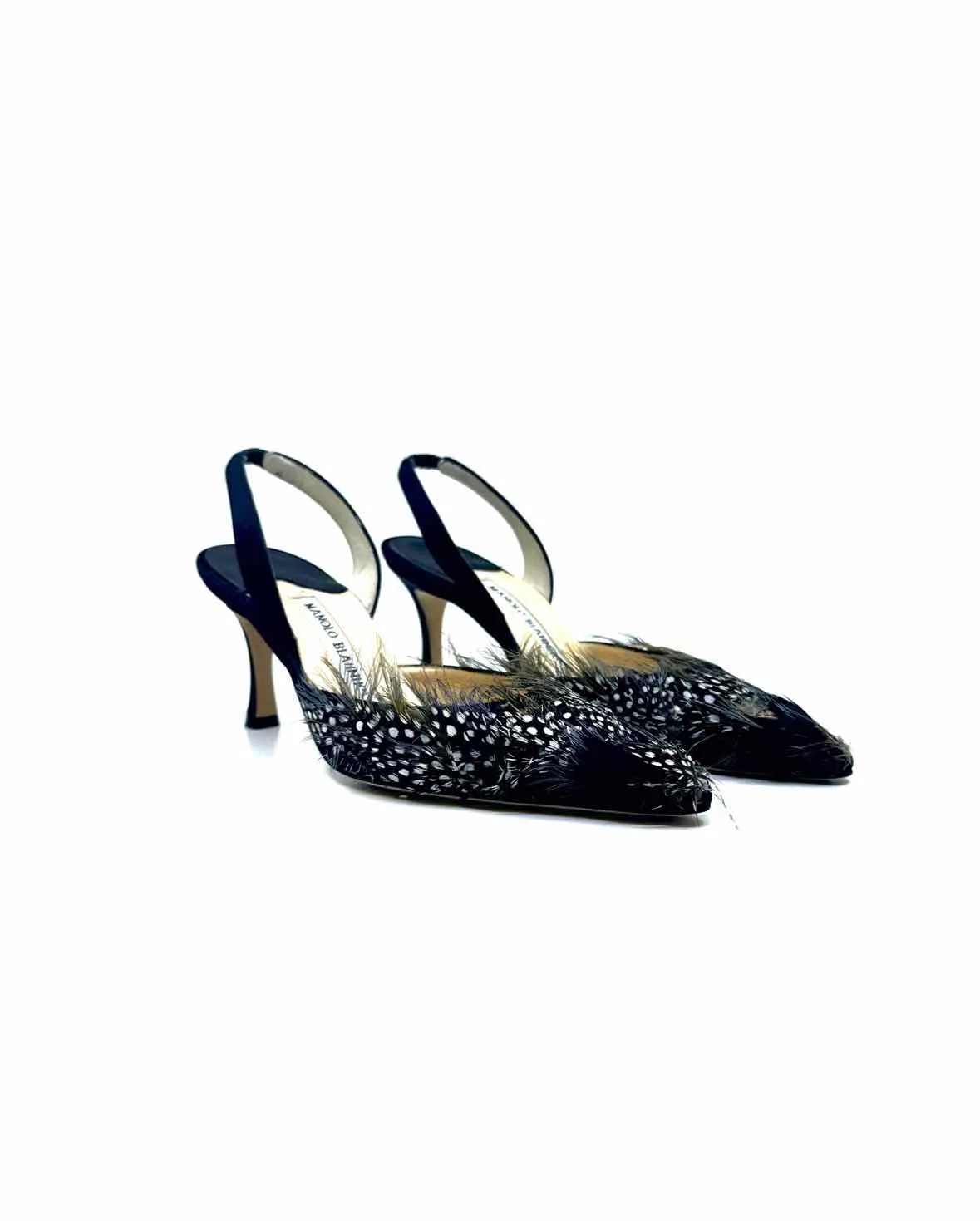 MANOLO BLAHNIK Size 6.5 Black & Grey Satin Sling back